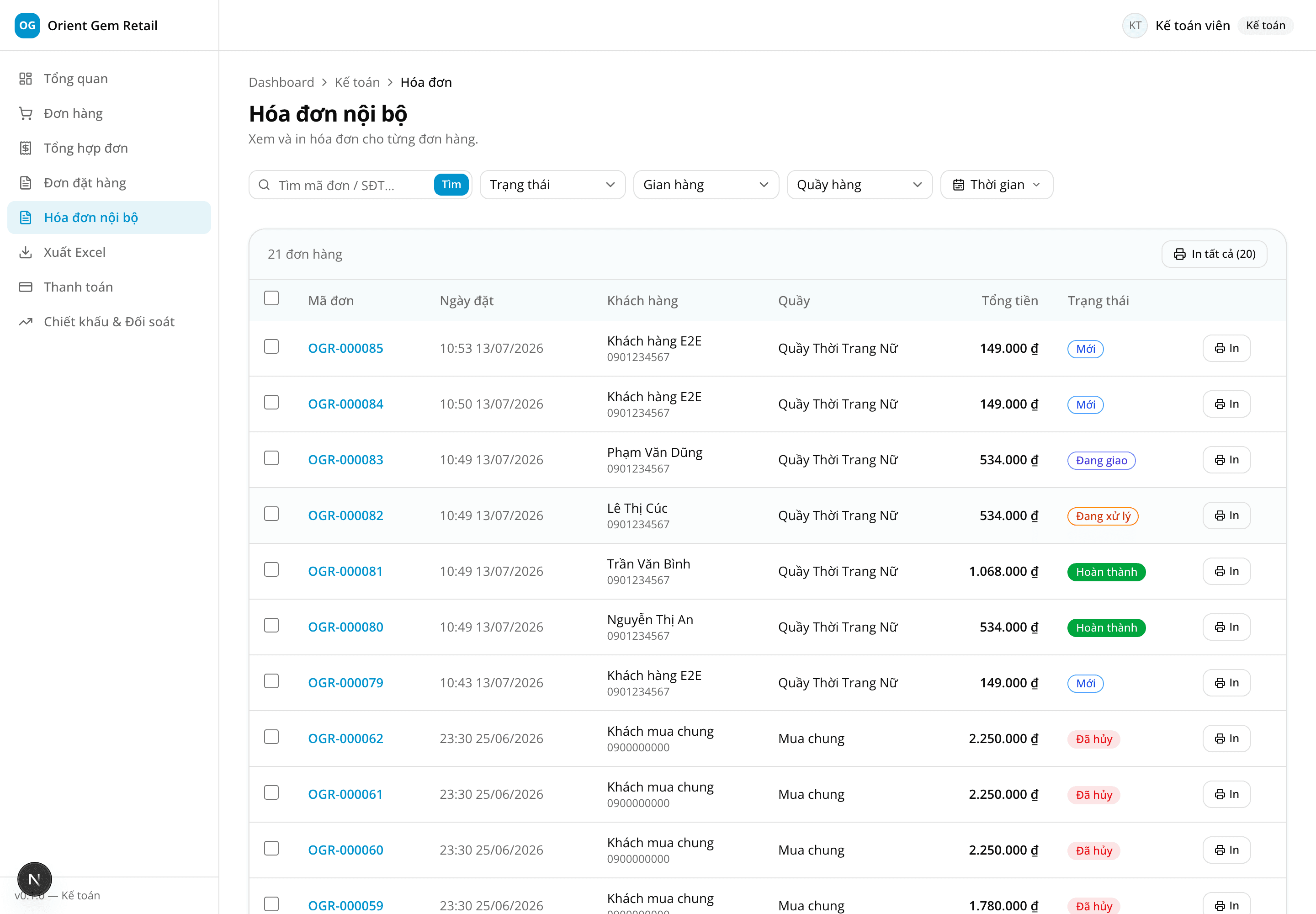 Danh sách hóa đơn